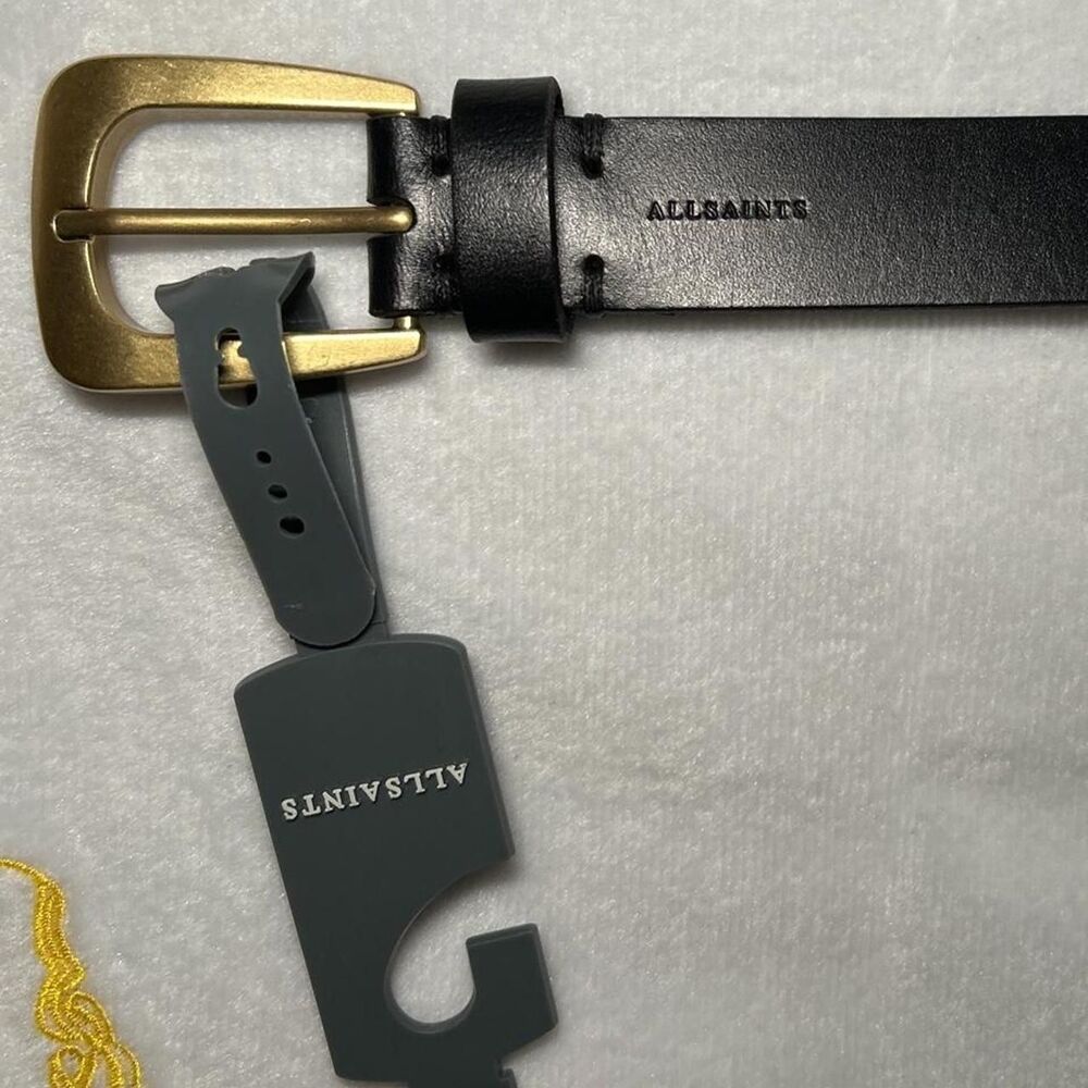 NWT AllSaints Suki Black Leather Chevron Belt Gold Silver XL